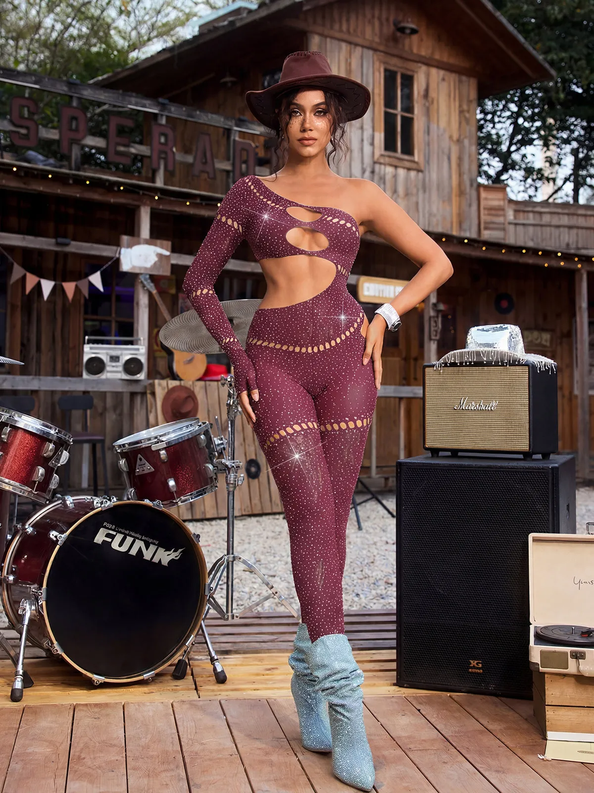 Cierra One Shoulder Cutout Jumpsuit In Wine sold by Mew Mews