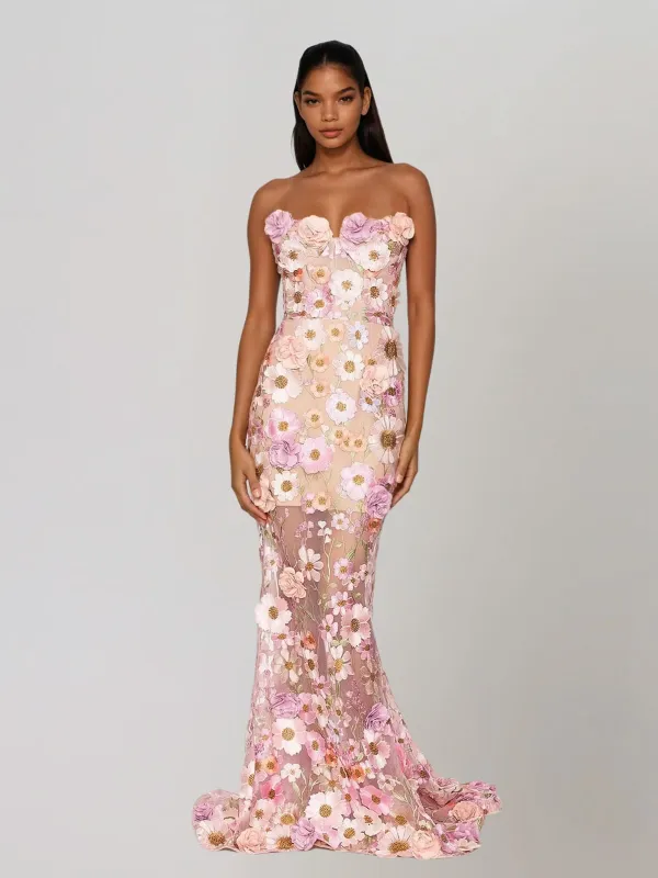 Gexila Strapless Flower Embroidered Maxi Dress made by Mew Mews