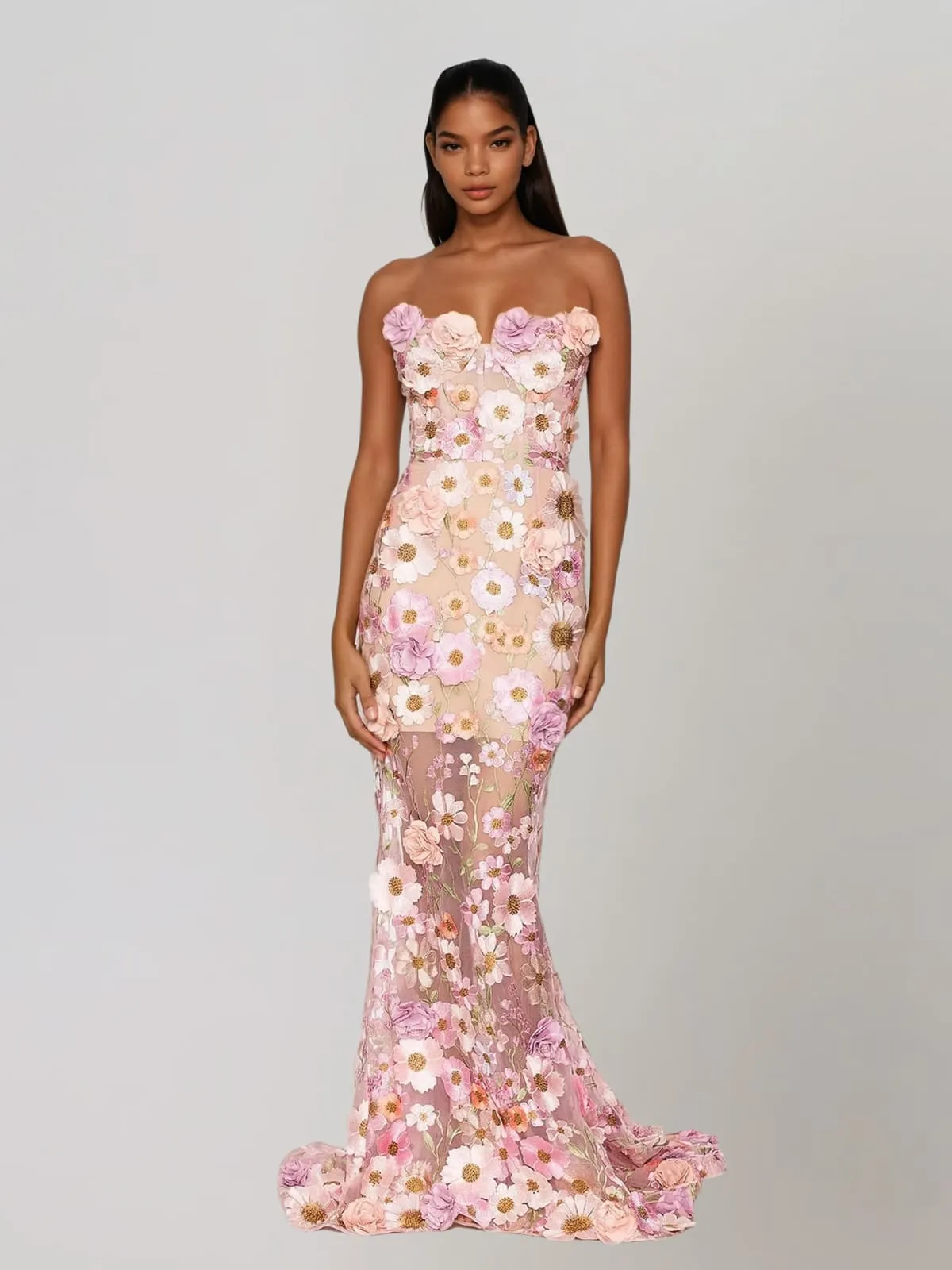Gexila Strapless Flower Embroidered Maxi Dress sold by Mew Mews