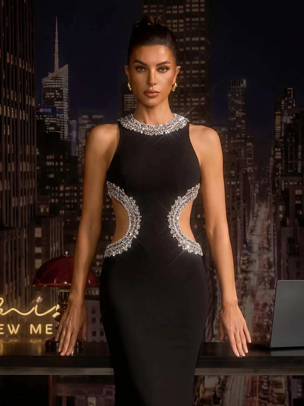 Lenticor Sleeveless Cutout Crystal Maxi Dress In Black sold by Mew Mews product image thumbnail 3