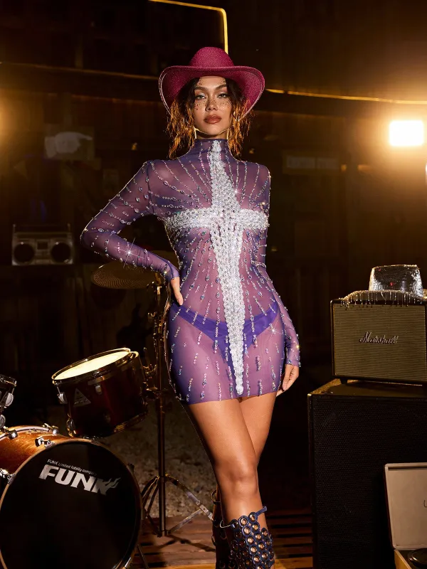 Claret Long Sleeve Diamond Mesh Mini Dress made by Mew Mews