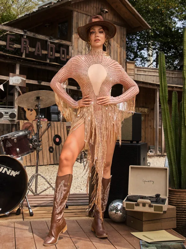 Farnyx Rhinestone Fringe Mini Dress made by Mew Mews