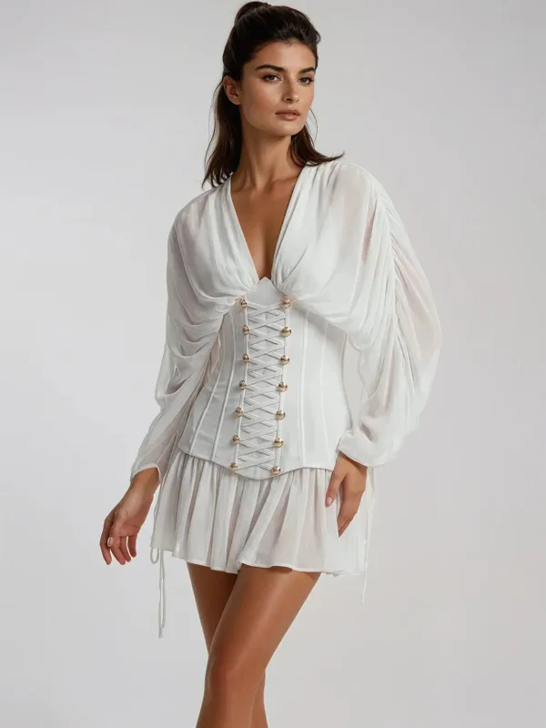 Jorath V Neck Ruched Mesh Mini Dress made by Mew Mews