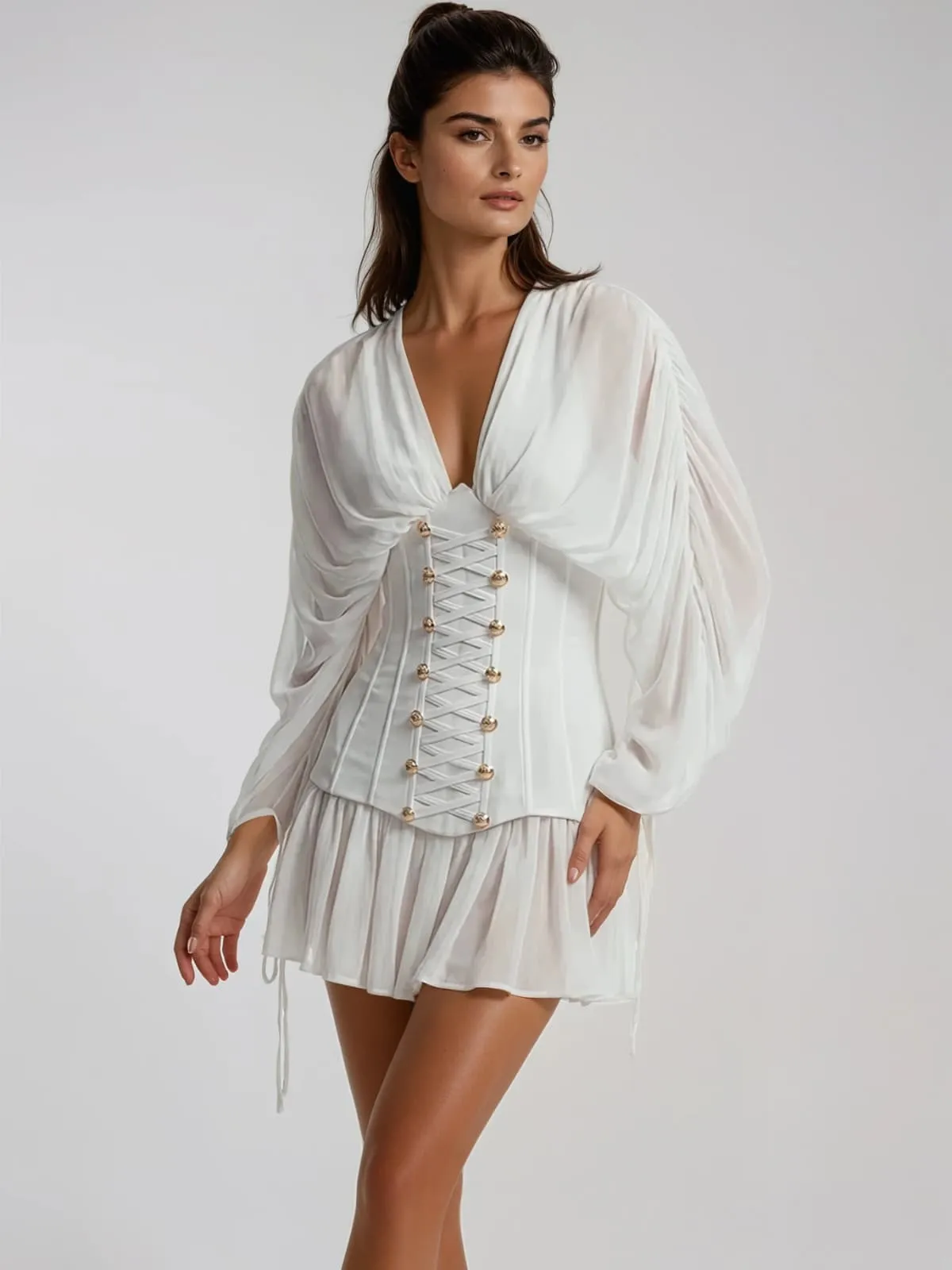 Jorath V Neck Ruched Mesh Mini Dress sold by Mew Mews