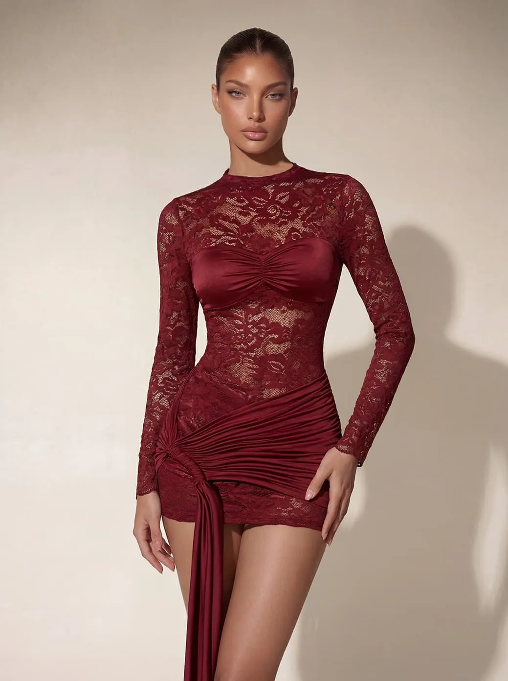 Farnor Lace Ruched Draped Mini Dress In Wine sold by Mew Mews product image thumbnail 2