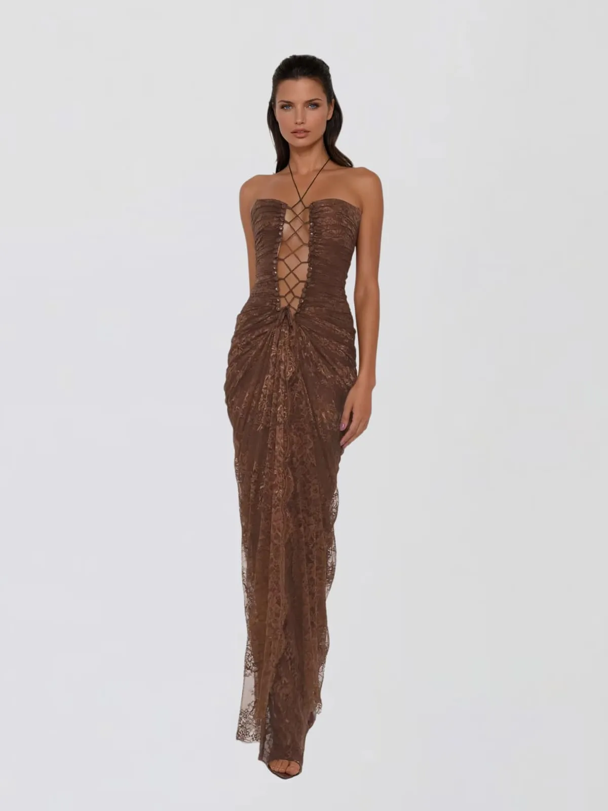 Fyrella Halterneck Lace Up Lace Maxi Dress sold by Mew Mews product image thumbnail 2
