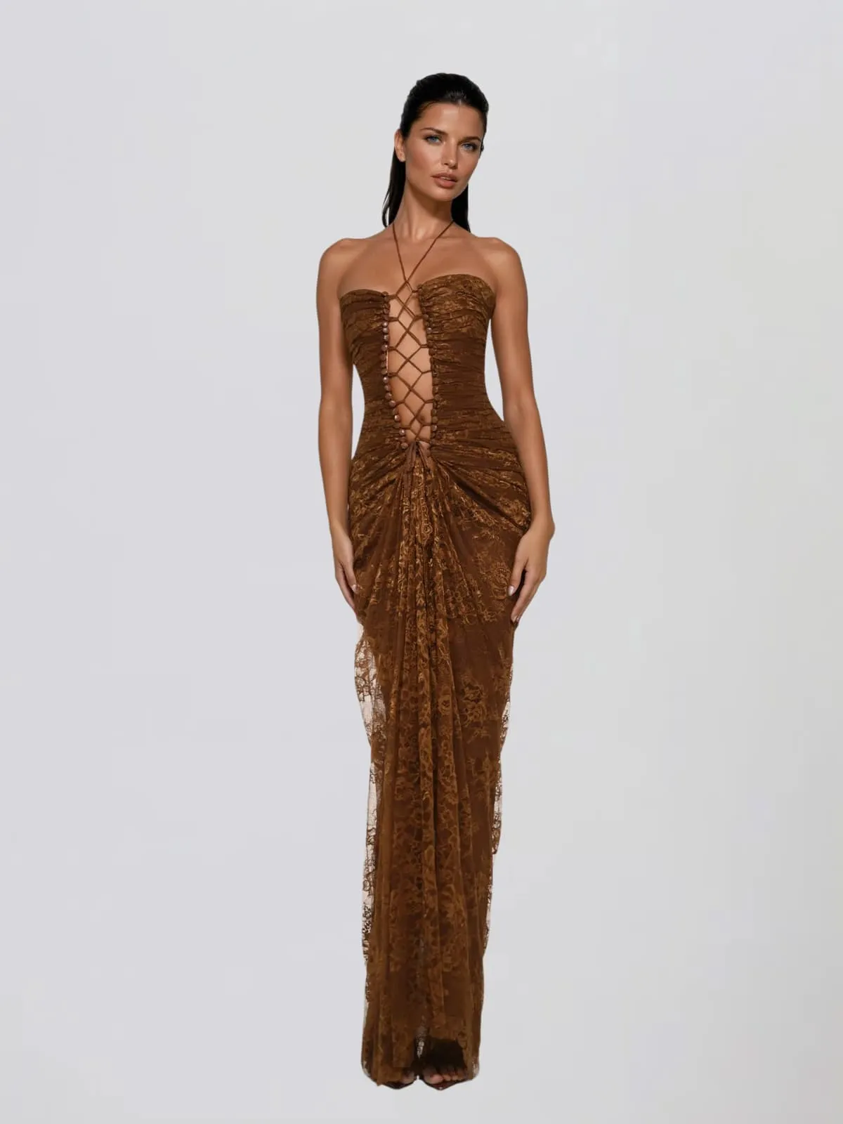 Fyrella Halterneck Lace Up Lace Maxi Dress sold by Mew Mews