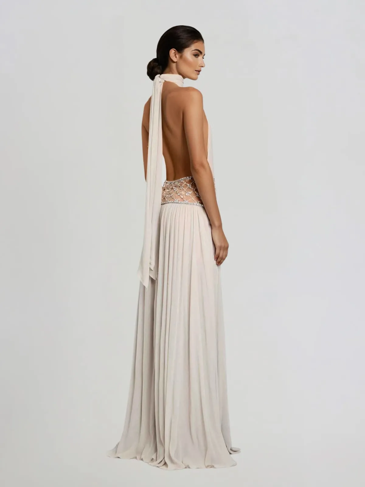Altoir Halterneck Ruched Crystal Maxi Dress In Beige sold by Mew Mews product image thumbnail 3