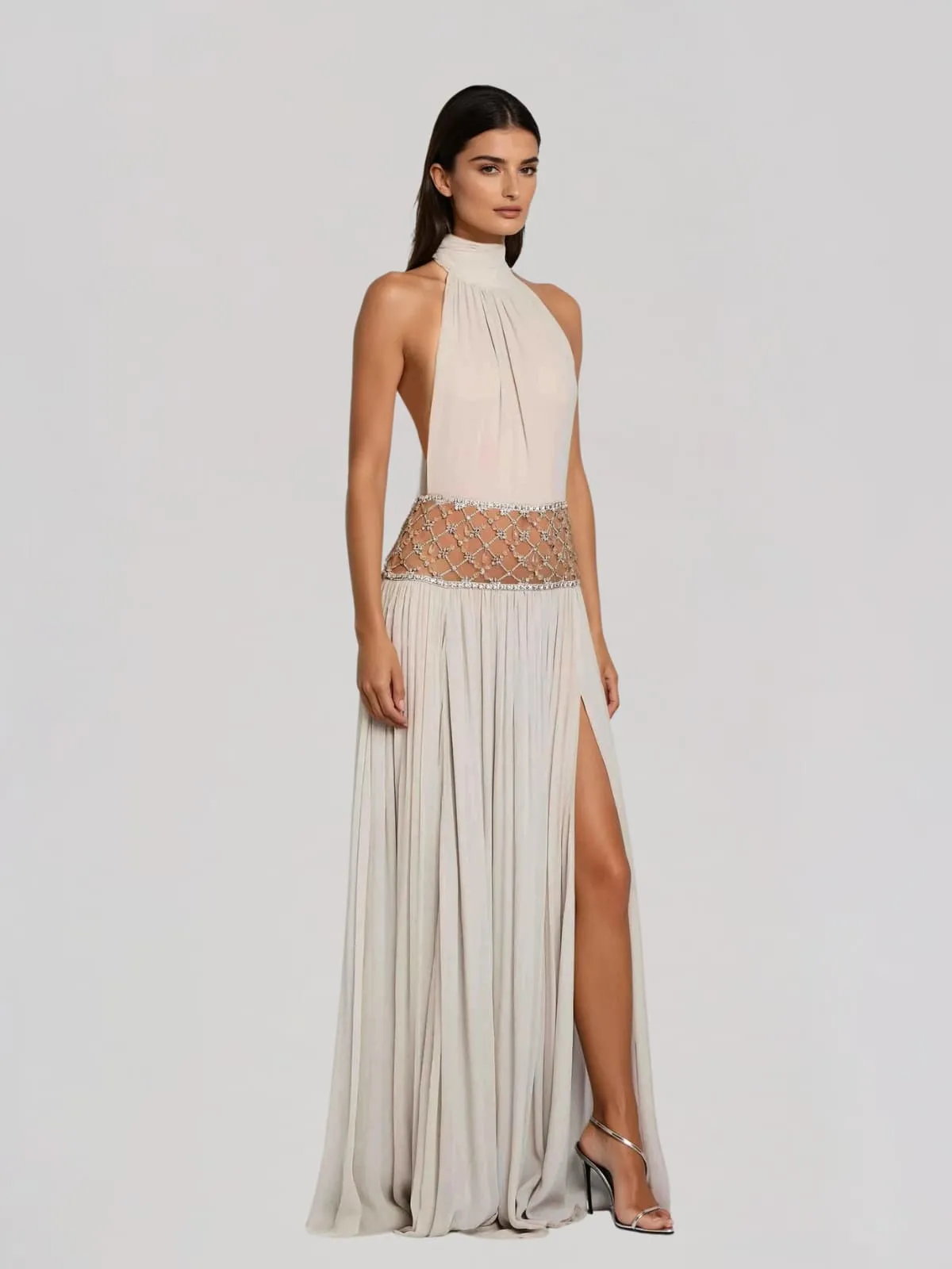 Altoir Halterneck Ruched Crystal Maxi Dress In Beige sold by Mew Mews