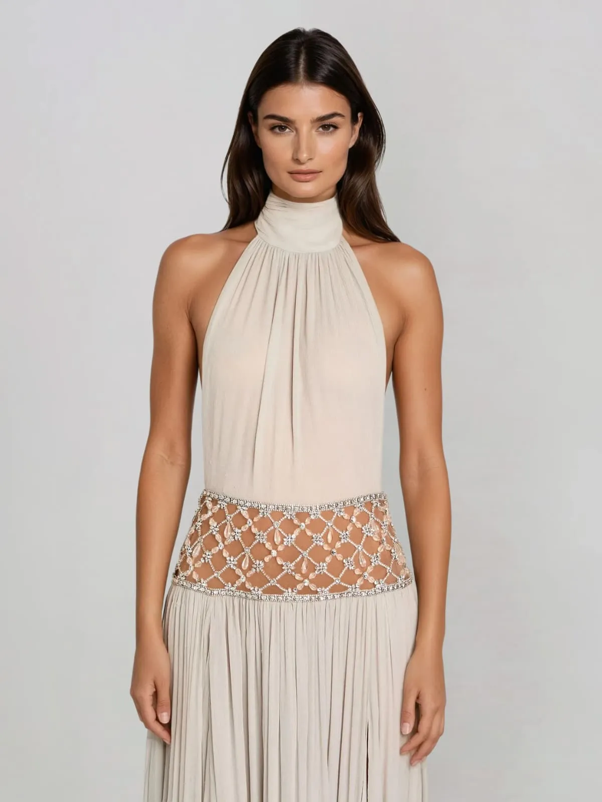 Altoir Halterneck Ruched Crystal Maxi Dress In Beige sold by Mew Mews product image thumbnail 2