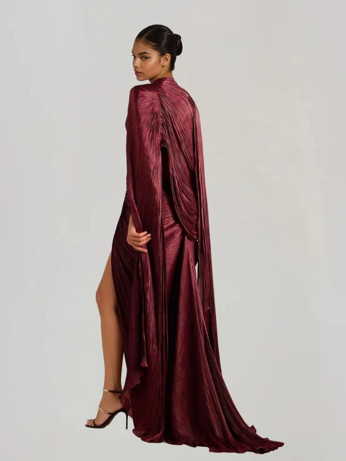 Bravexia Cape Ruched Split Maxi Dress In Wine sold by Mew Mews product image thumbnail 3