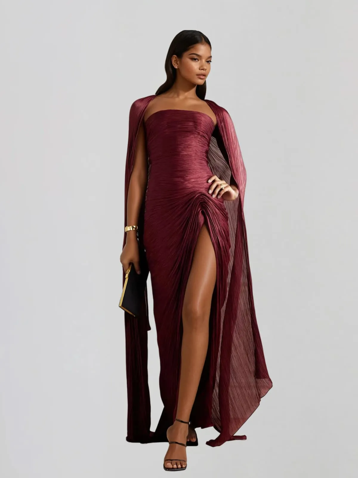 Bravexia Cape Ruched Split Maxi Dress In Wine sold by Mew Mews