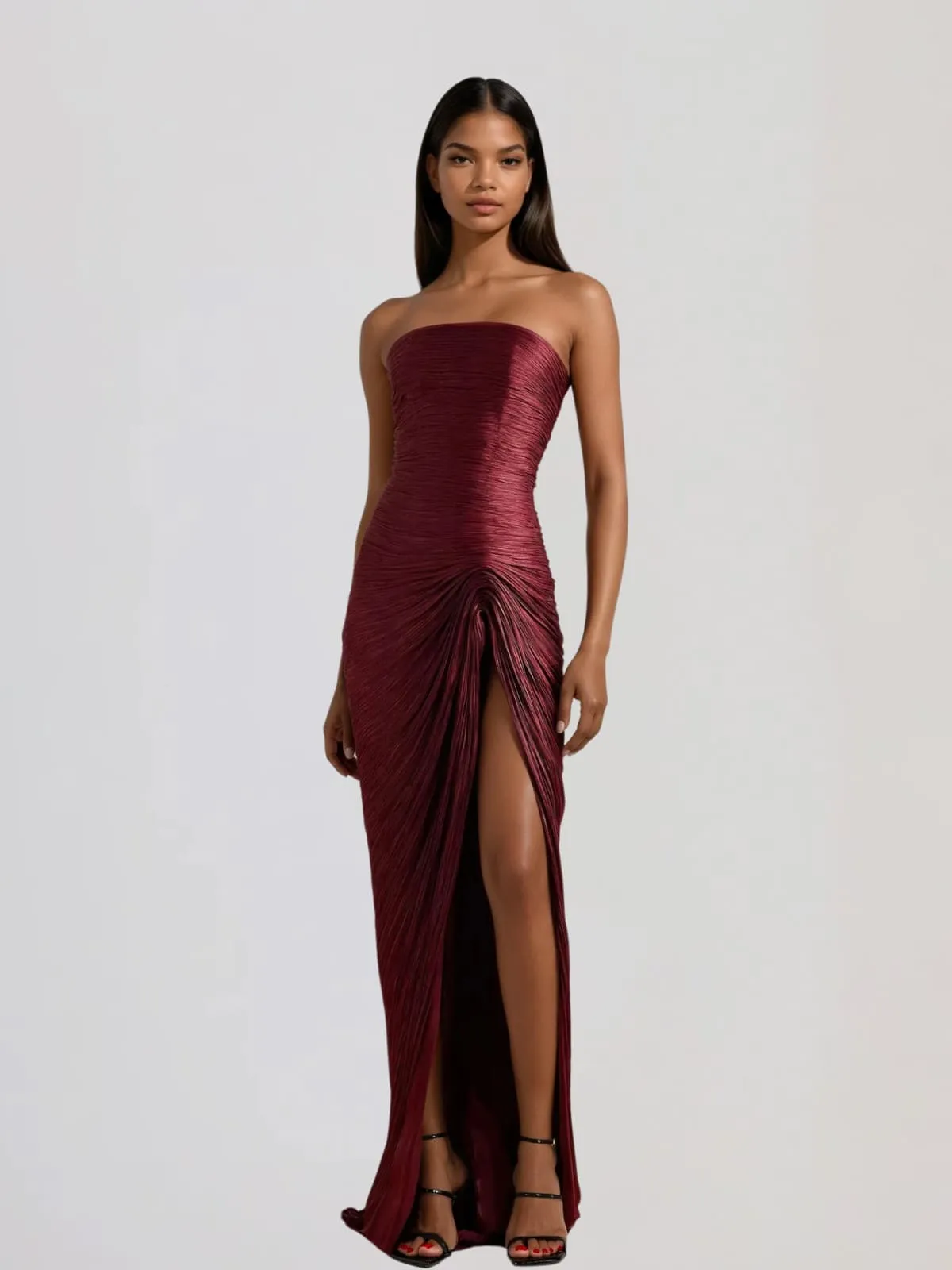 Bravexia Cape Ruched Split Maxi Dress In Wine sold by Mew Mews product image thumbnail 2