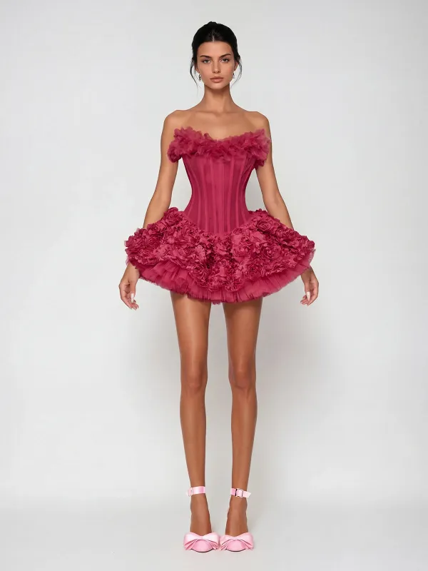 Ulthar Strapless Flower Mini Dress In Hot Pink made by Mew Mews