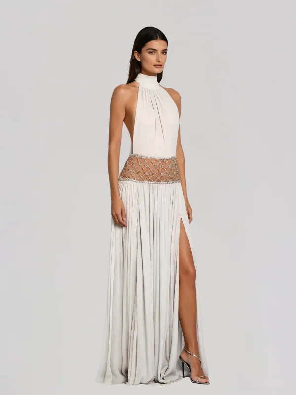 Altoir Halterneck Ruched Crystal Maxi Dress In White made by Mew Mews