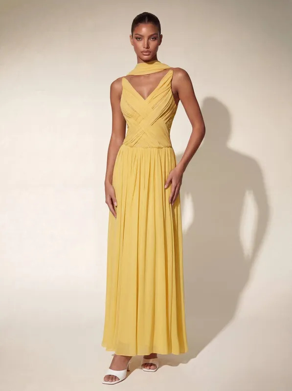 Londona V Neck Ruched Mesh Maxi Dress made by Mew Mews