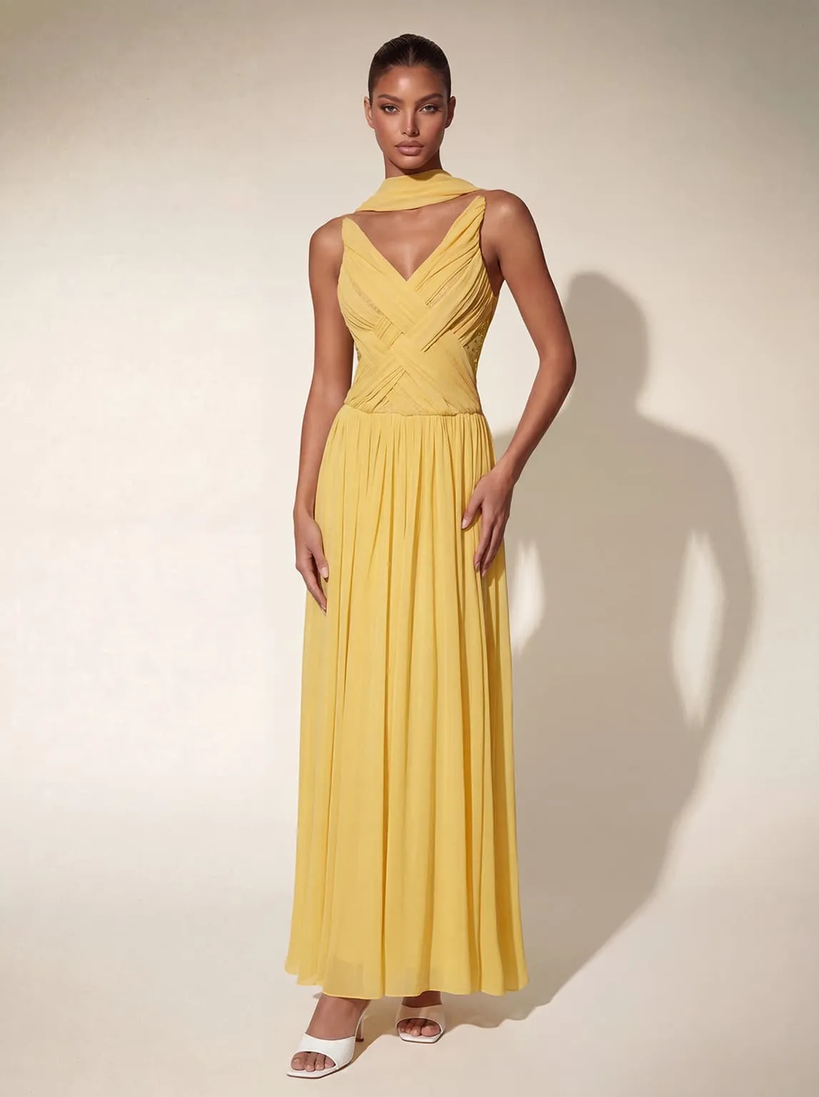 Londona V Neck Ruched Mesh Maxi Dress sold by Mew Mews