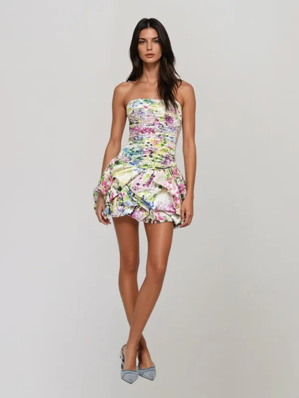 Astreo Strapless Ruched Floral Mini Dress made by Mew Mews