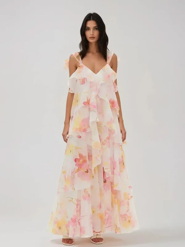 Kelvo V Neck Ruffle Floral Maxi Dress made by Mew Mews