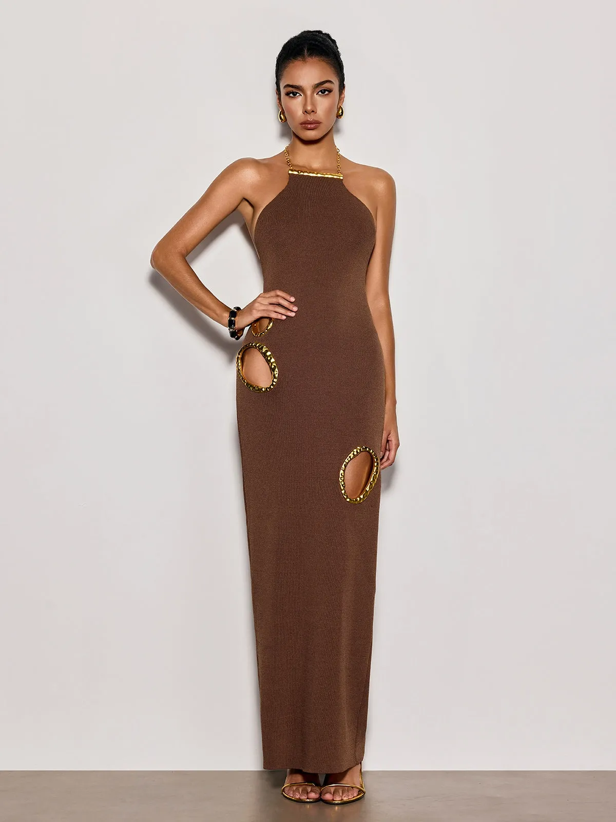 Gavrel Halterneck Cutout Maxi Dress In Brown sold by Mew Mews product image thumbnail 5