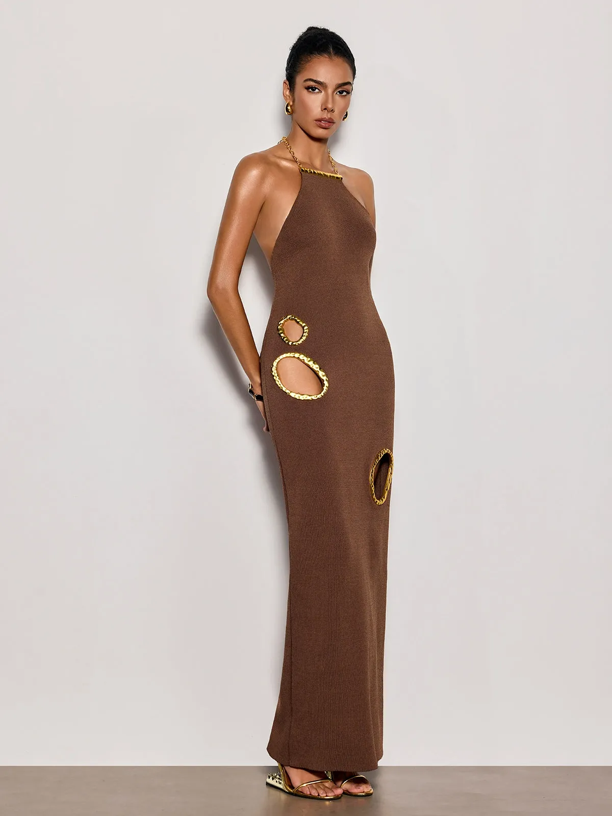 Gavrel Halterneck Cutout Maxi Dress In Brown sold by Mew Mews product image thumbnail 3