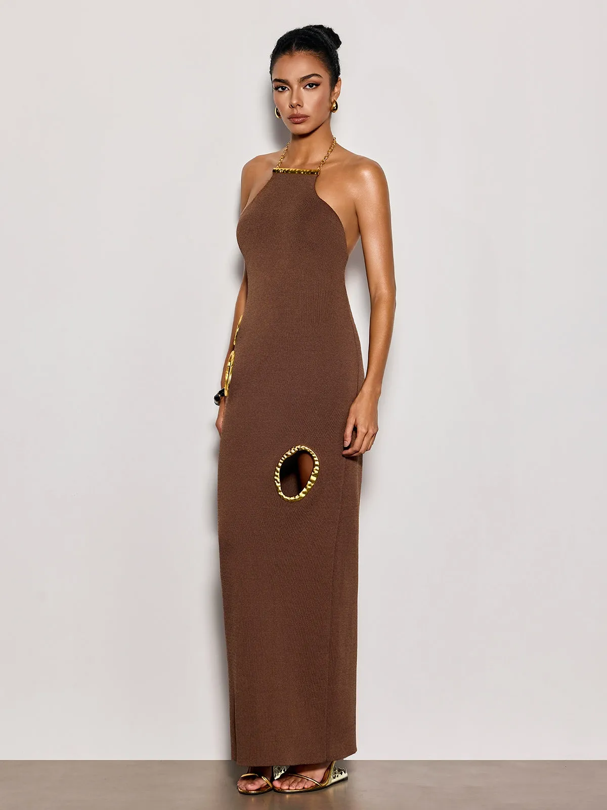 Gavrel Halterneck Cutout Maxi Dress In Brown sold by Mew Mews product image thumbnail 2