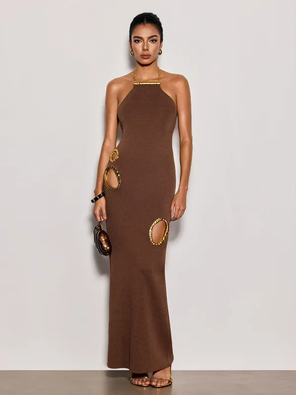 Gavrel Halterneck Cutout Maxi Dress In Brown made by Mew Mews