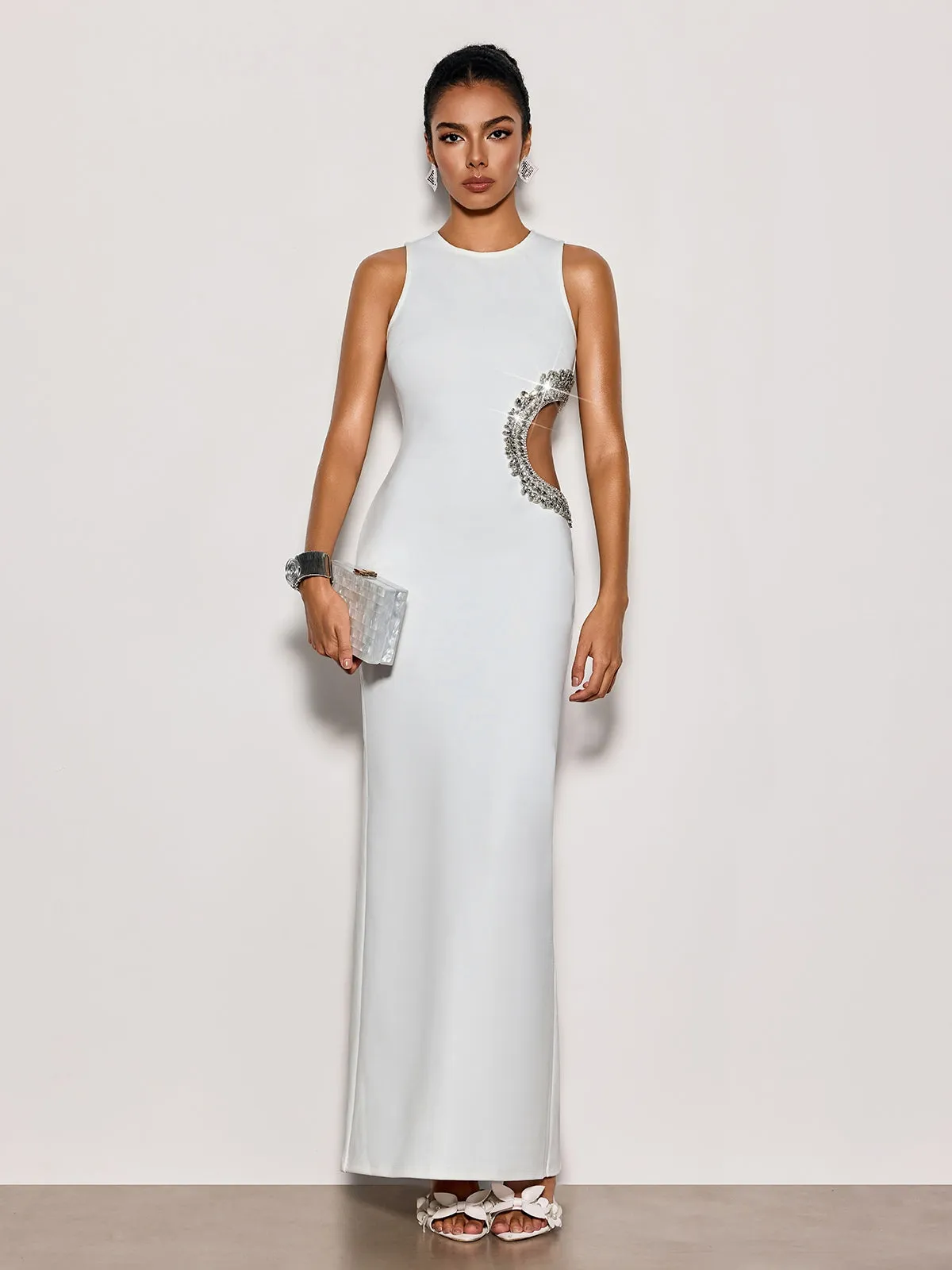 Lenticor Sleeveless Cutout Crystal Maxi Dress In White sold by Mew Mews