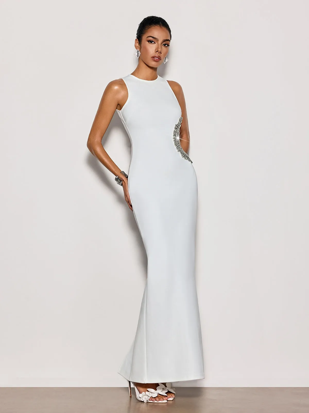 Lenticor Sleeveless Cutout Crystal Maxi Dress In White sold by Mew Mews product image thumbnail 4