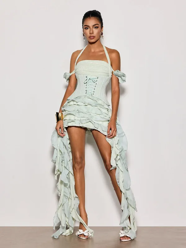 Ivria Halterneck Ruffled Draped Dress In Green made by Mew Mews