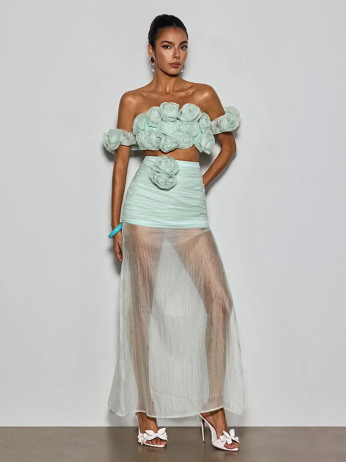 Qavrel Off Shoulder Flower Mesh Skirt Set sold by Mew Mews product image thumbnail 4