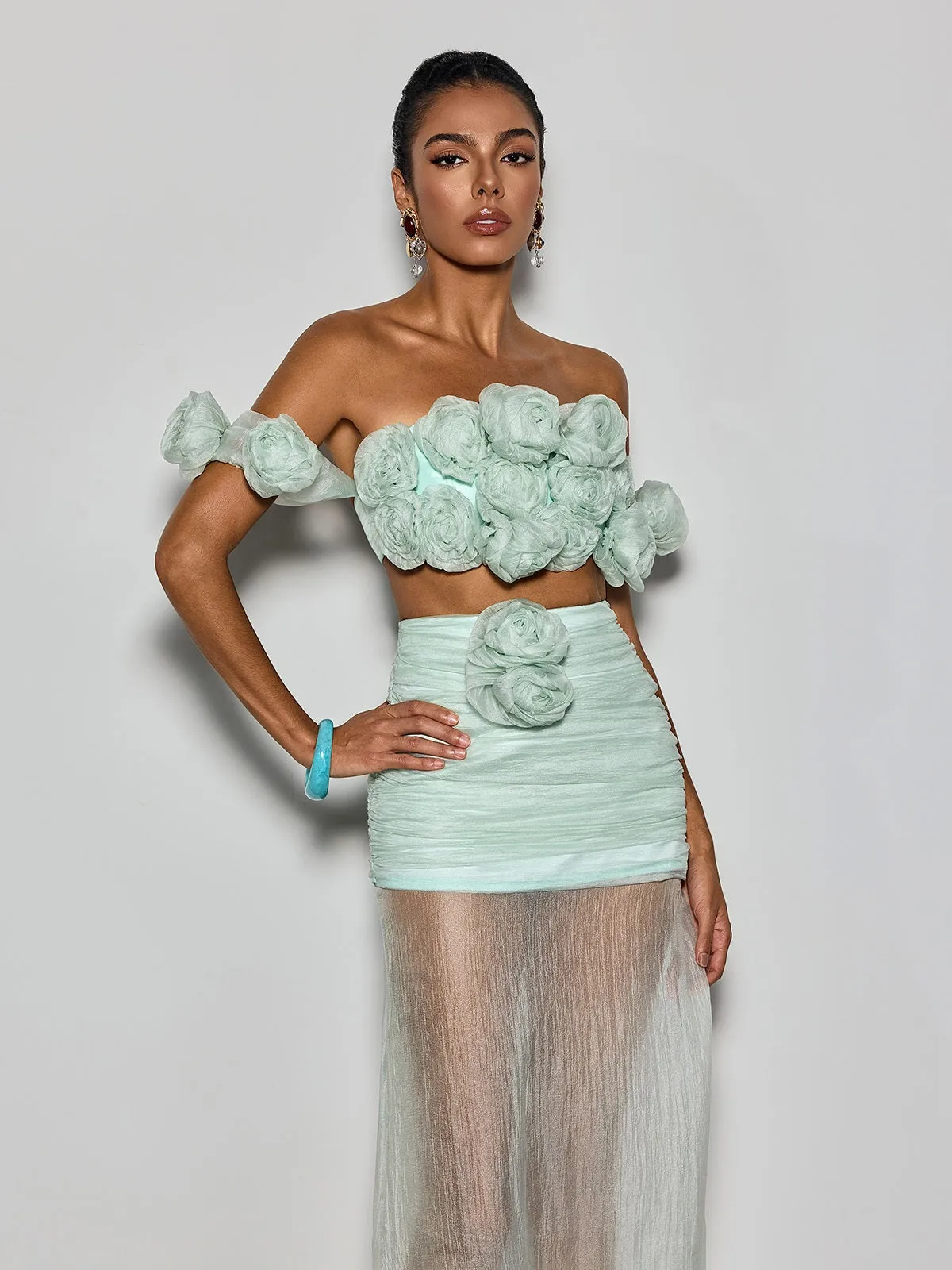 Qavrel Off Shoulder Flower Mesh Skirt Set sold by Mew Mews product image thumbnail 5