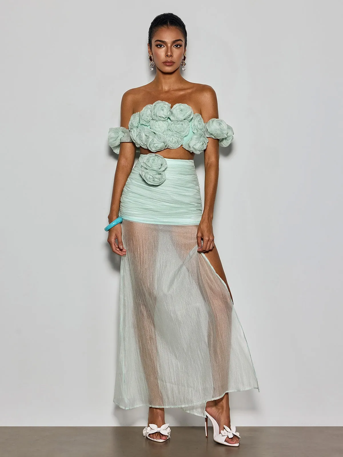 Qavrel Off Shoulder Flower Mesh Skirt Set sold by Mew Mews