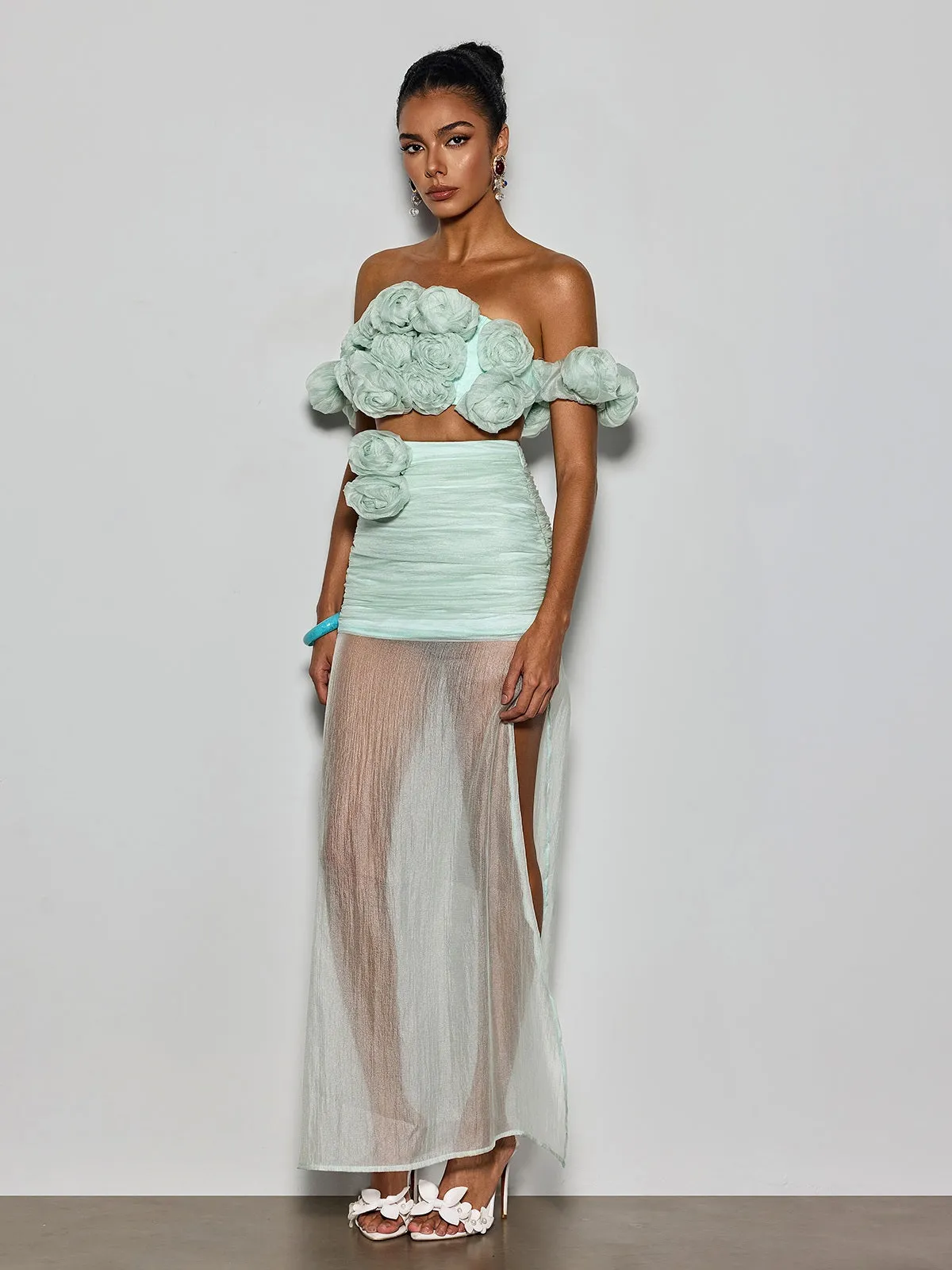 Qavrel Off Shoulder Flower Mesh Skirt Set sold by Mew Mews product image thumbnail 3