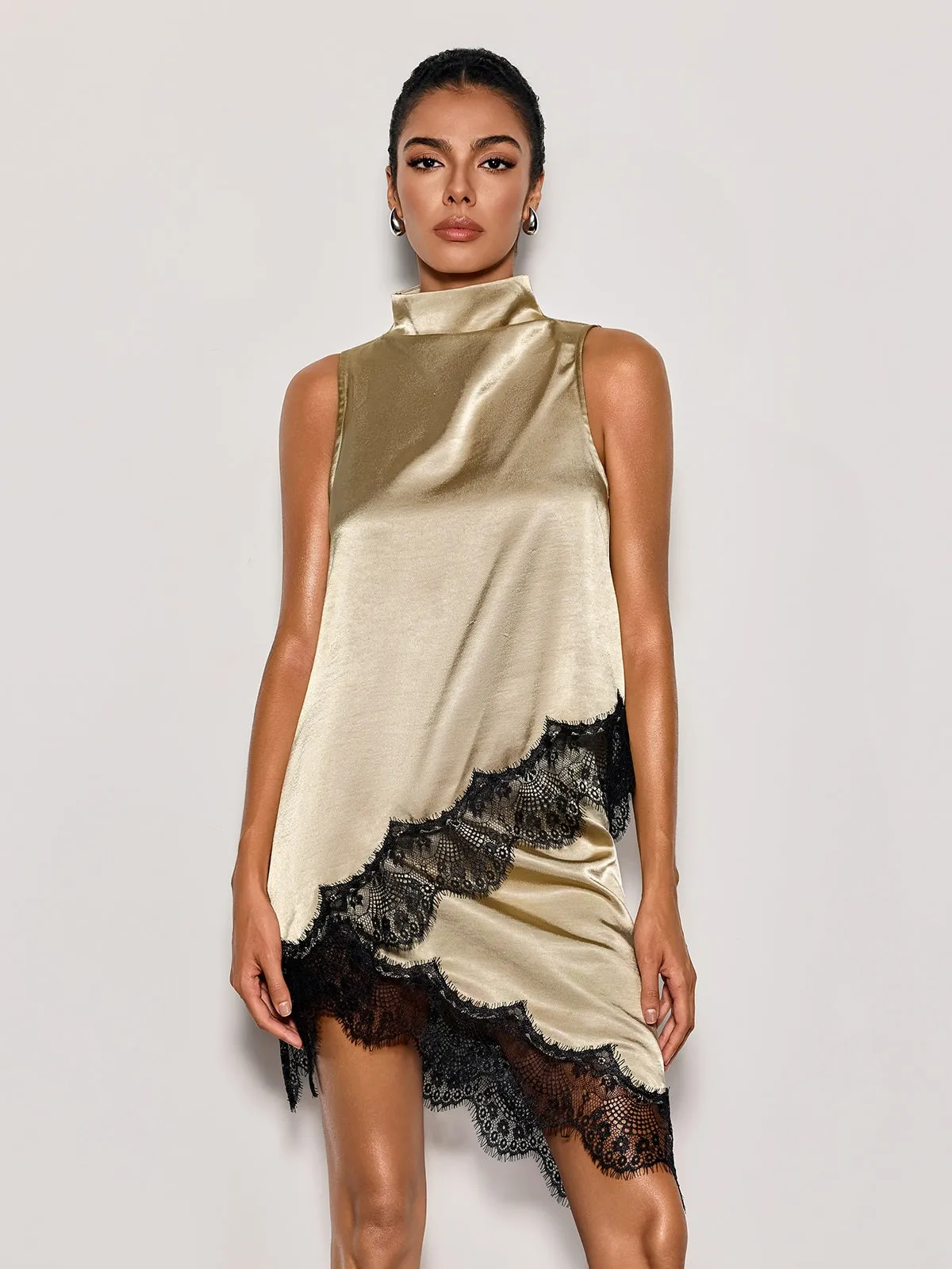 Olyxen High Neck Lace Skirt Set In Gold sold by Mew Mews