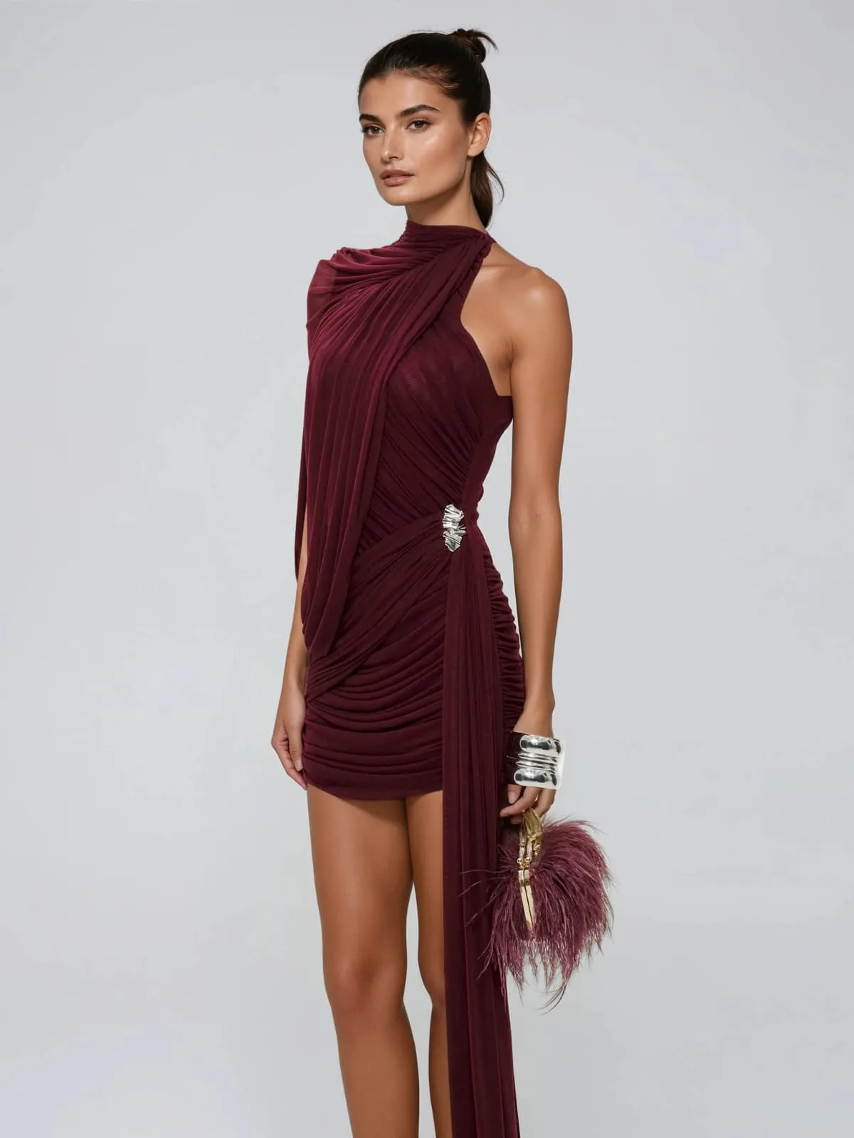 Chione One Shoulder Draped Ruched Dress In Wine sold by Mew Mews product image thumbnail 3