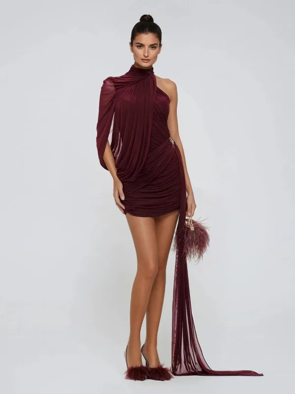Chione One Shoulder Draped Ruched Dress In Wine made by Mew Mews