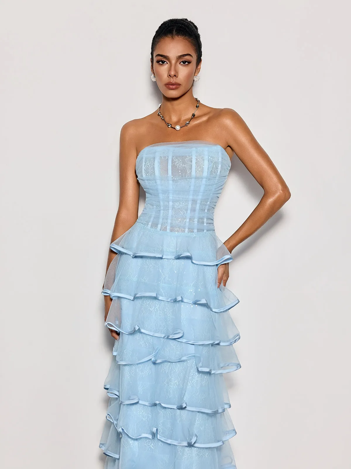 Delicah Strapless Ruffle Tiered Maxi Dress sold by Mew Mews product image thumbnail 5