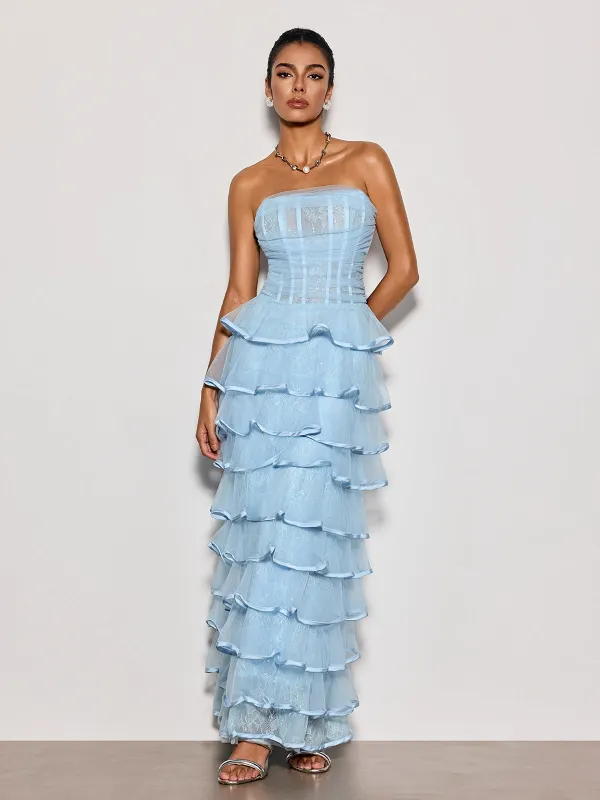 Delicah Strapless Ruffle Tiered Maxi Dress made by Mew Mews