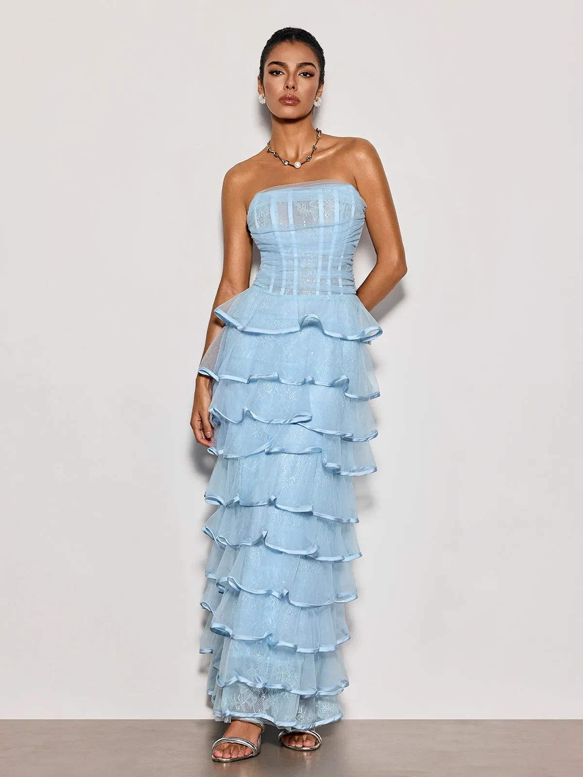 Delicah Strapless Ruffle Tiered Maxi Dress sold by Mew Mews