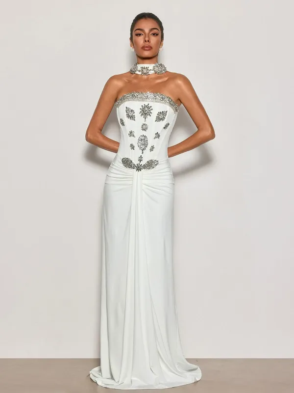 Cyrila Strapless Crystal Scarf Maxi Dress made by Mew Mews