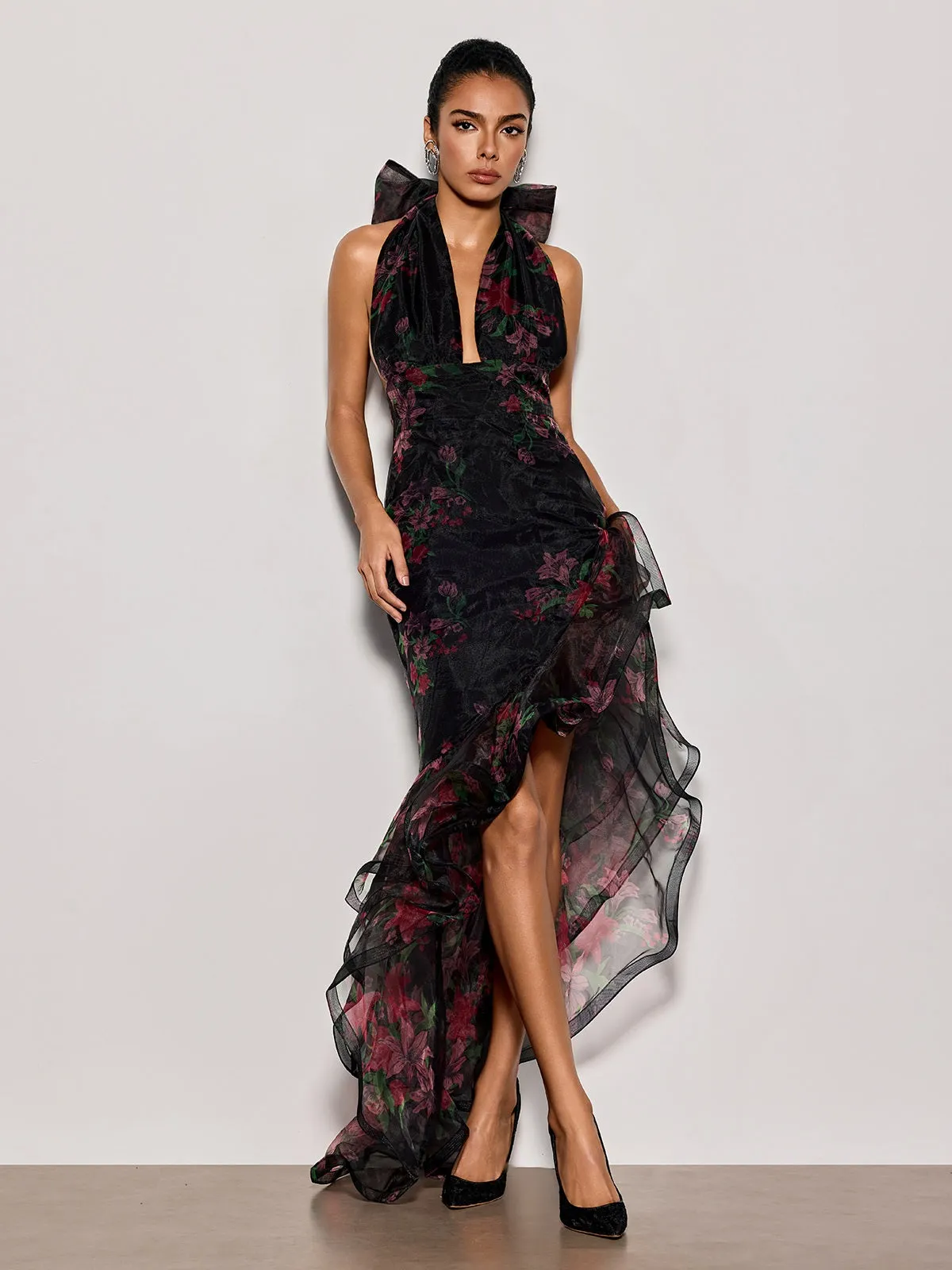 Cynna Halterneck Floral Ruffle Maxi Dress sold by Mew Mews