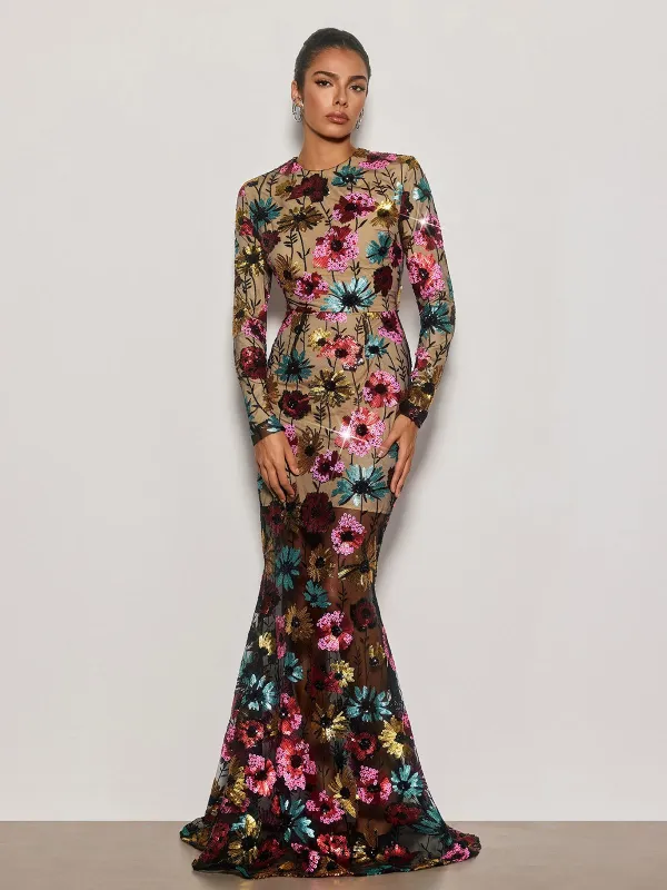 Cyndi Long Sleeve Floral Sequin Maxi Dress made by Mew Mews