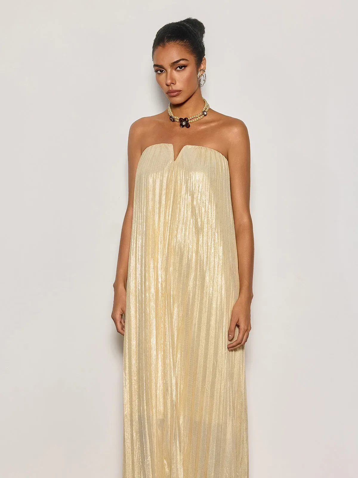 Cynara Strapless Pleated Metallic Maxi Dress In Apricot sold by Mew Mews product image thumbnail 5