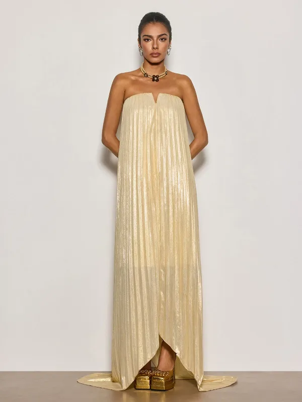 Cynara Strapless Pleated Metallic Maxi Dress made by Mew Mews