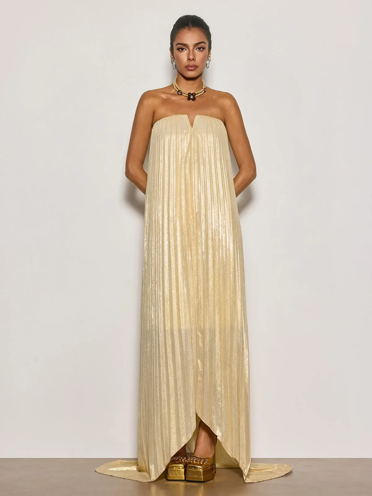 Cynara Strapless Pleated Metallic Maxi Dress In Apricot sold by Mew Mews