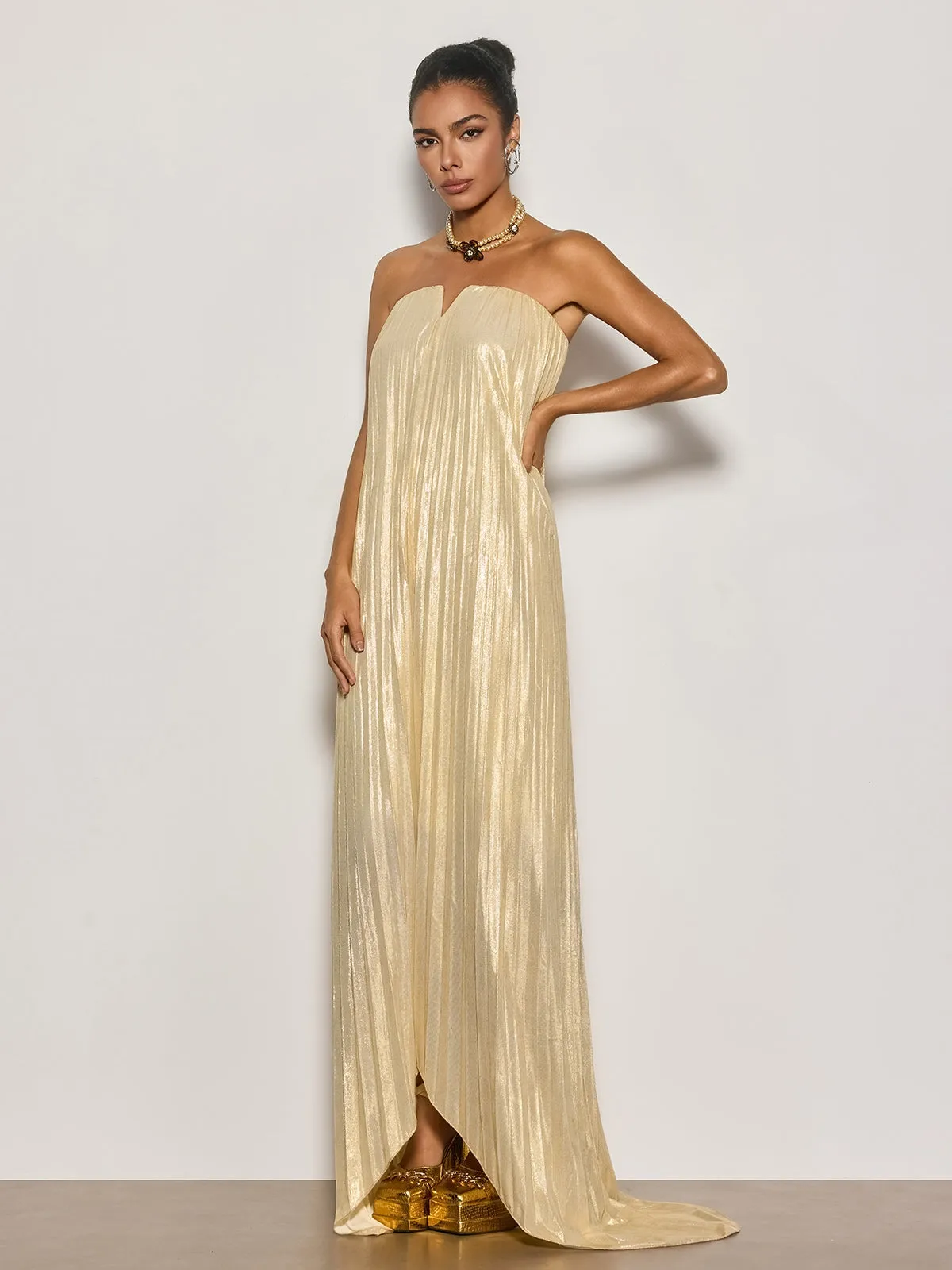 Cynara Strapless Pleated Metallic Maxi Dress In Apricot sold by Mew Mews product image thumbnail 4
