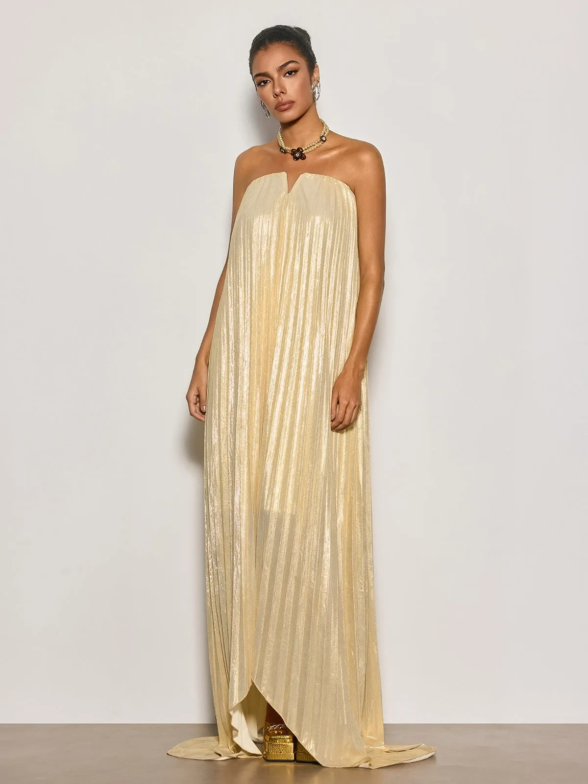 Cynara Strapless Pleated Metallic Maxi Dress In Apricot sold by Mew Mews product image thumbnail 2