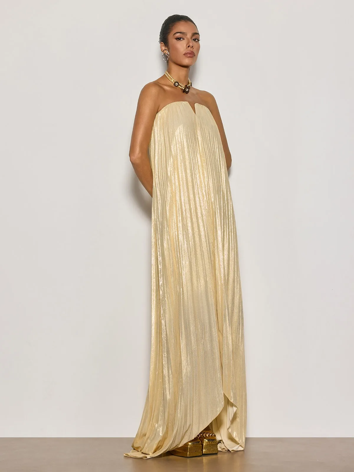 Cynara Strapless Pleated Metallic Maxi Dress In Apricot sold by Mew Mews product image thumbnail 3