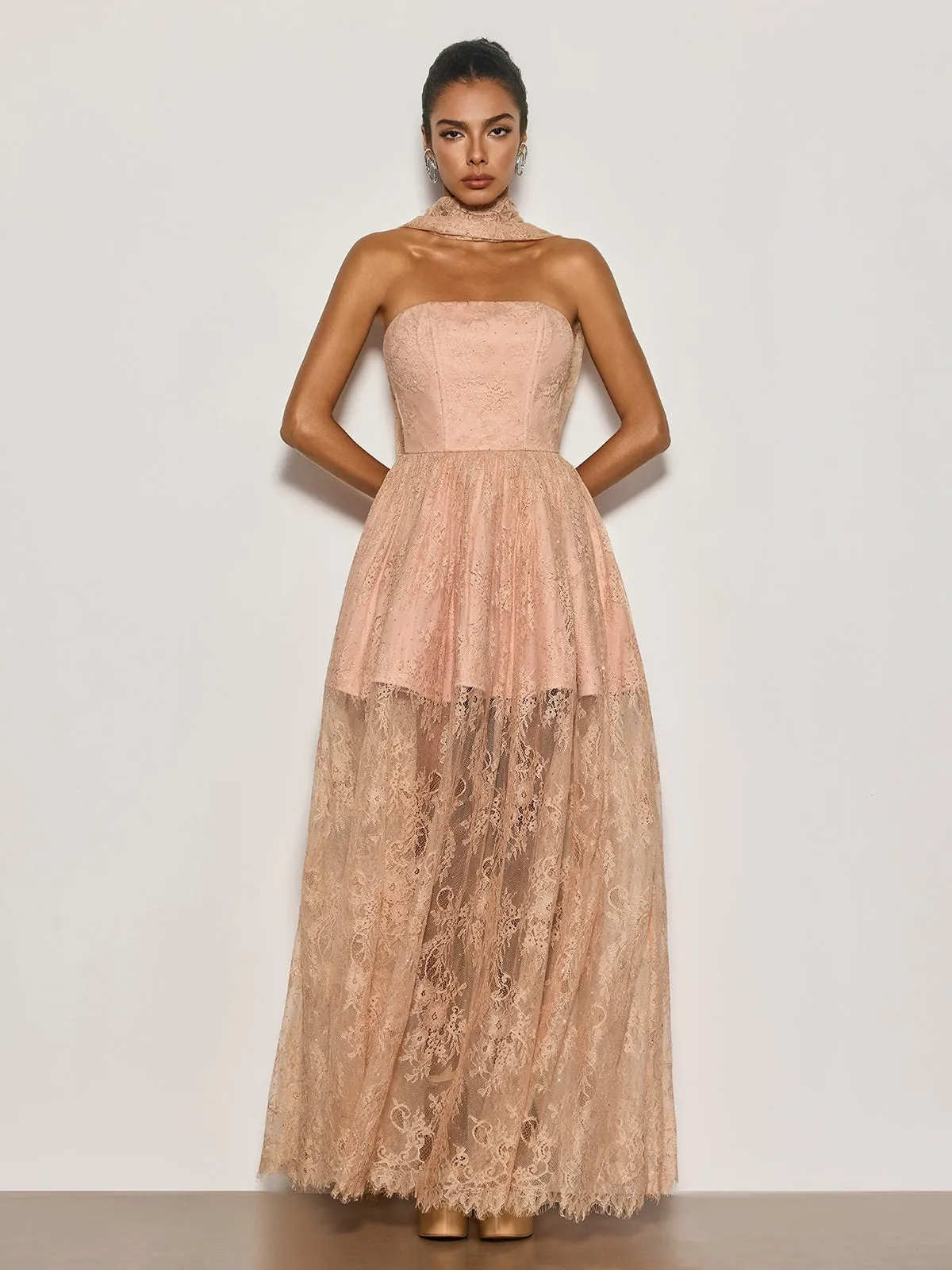 Cyma Strapless Scarf Lace Maxi Dress sold by Mew Mews